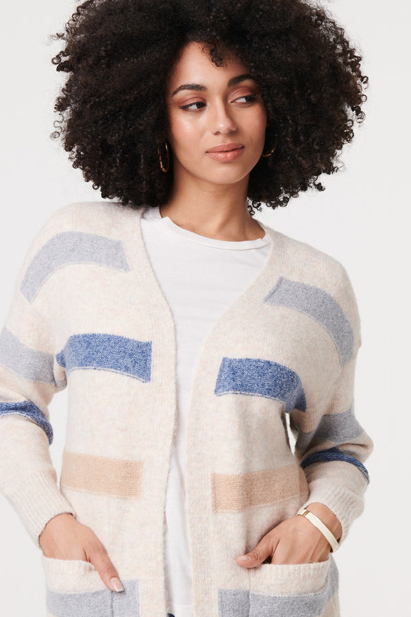 Beige | Striped V-Neck Longline Relaxed Cardigan
