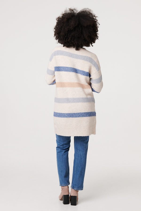 Beige | Striped V-Neck Longline Relaxed Cardigan