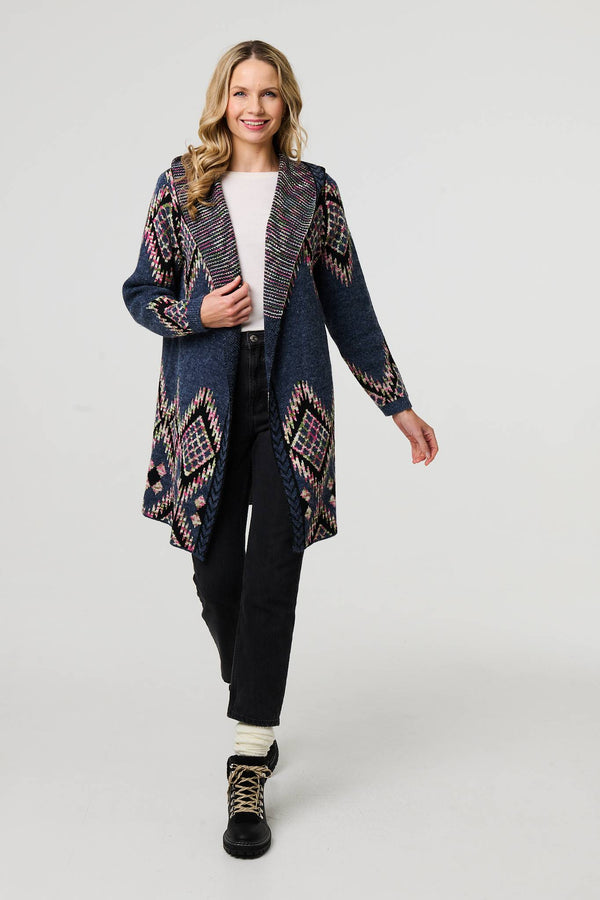 Blue | Aztec Print Longline Hooded Knit Jacket