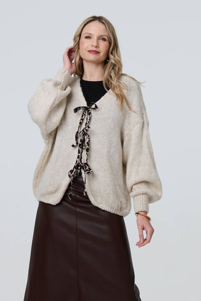 Cream Animal Print Tie Balloon Sleeve Cardigan