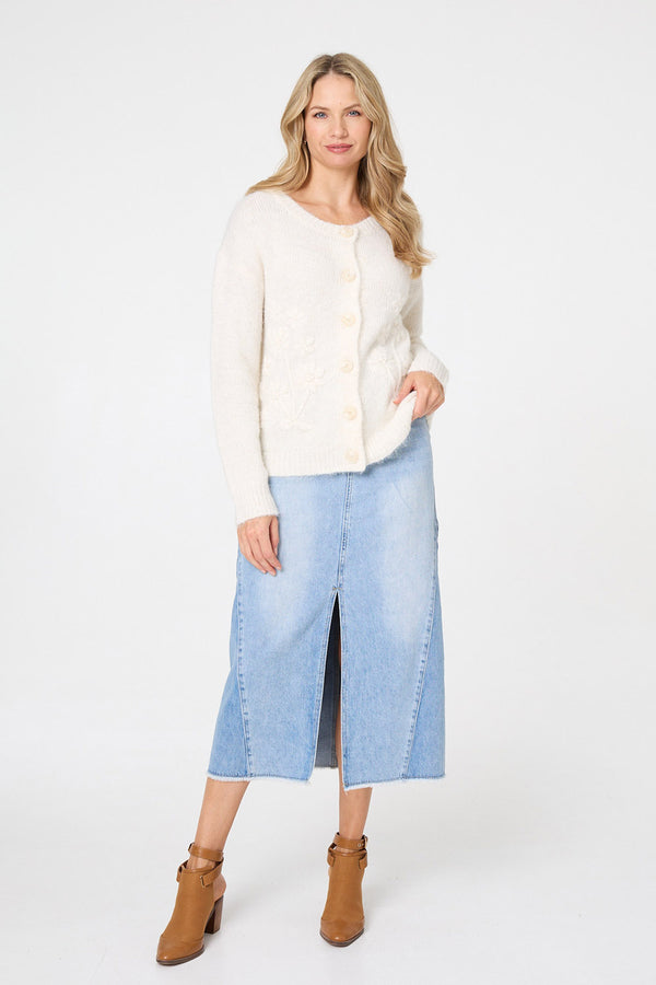 White | Floral Embroidered Textured Cardigan