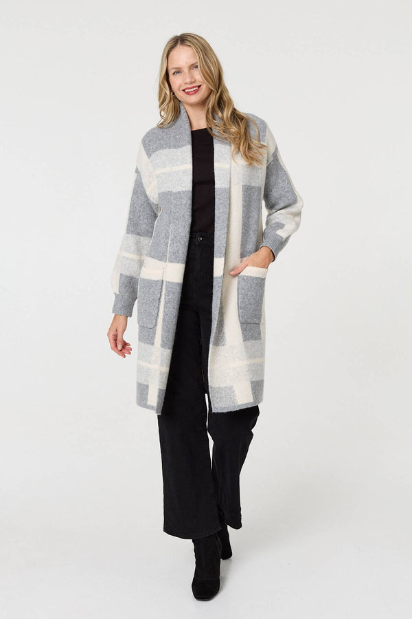 Grey | Checked Open Front Longline Cardigan