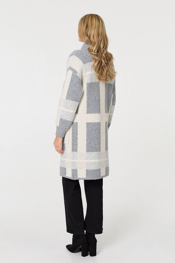 Grey | Checked Open Front Longline Cardigan