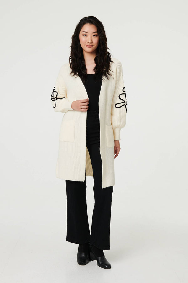 Cream | Floral Trim Detail Longline Cardigan