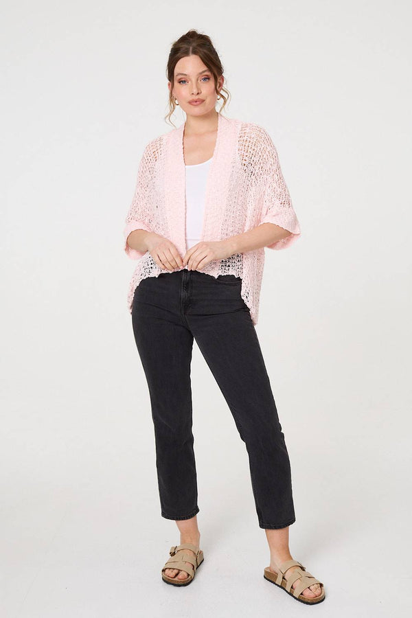 Pink | Crochet Knit Texture Waterfall Cardigan