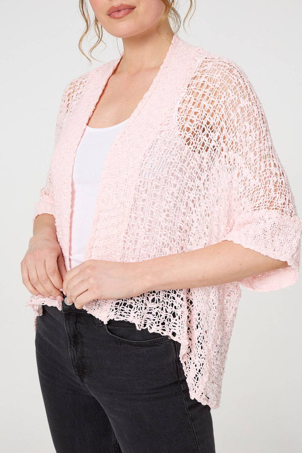 Pink | Crochet Knit Texture Waterfall Cardigan