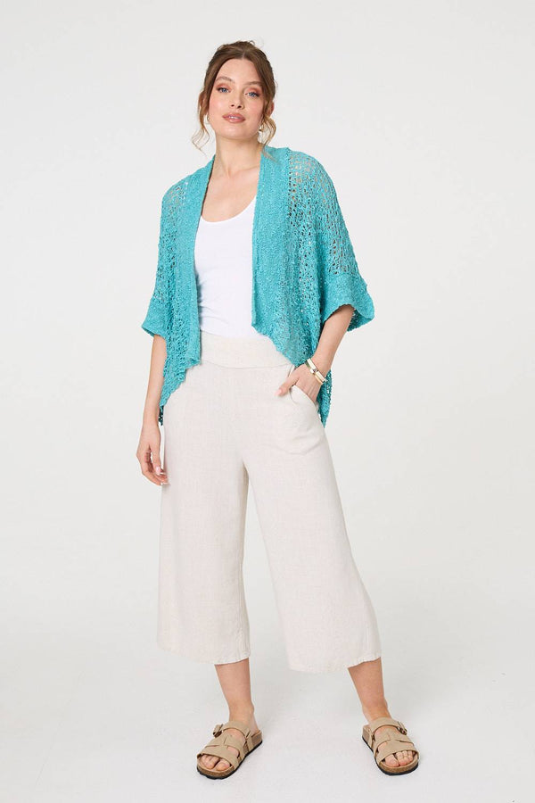 Turquoise | Crochet Knit Texture Waterfall Cardigan