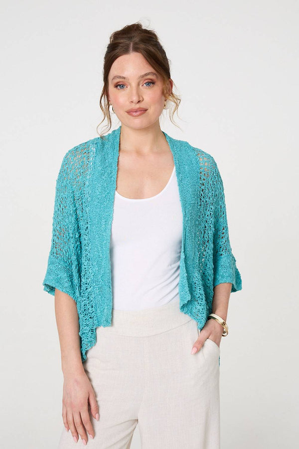 Turquoise | Crochet Knit Texture Waterfall Cardigan