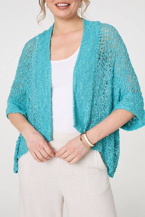 Turquoise | Crochet Knit Texture Waterfall Cardigan