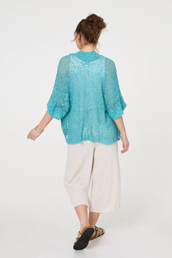 Turquoise | Crochet Knit Texture Waterfall Cardigan