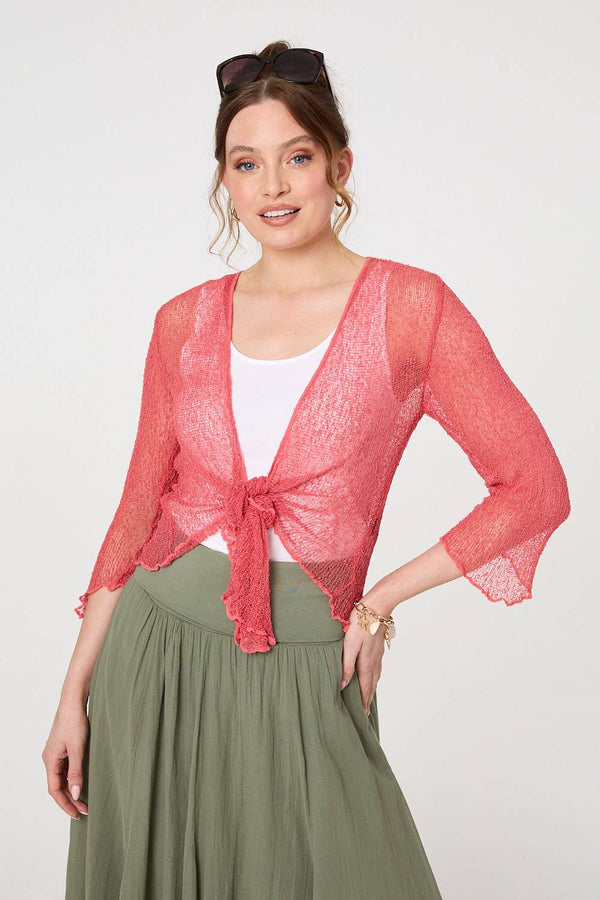 Coral | Sheer 3/4 Sleeve Open Front Cardigan
