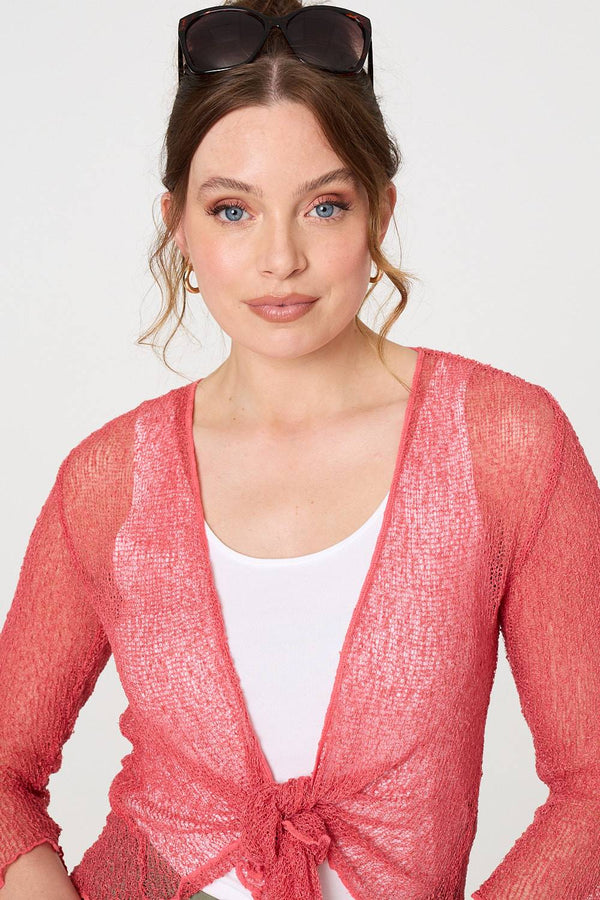 Coral | Sheer 3/4 Sleeve Open Front Cardigan