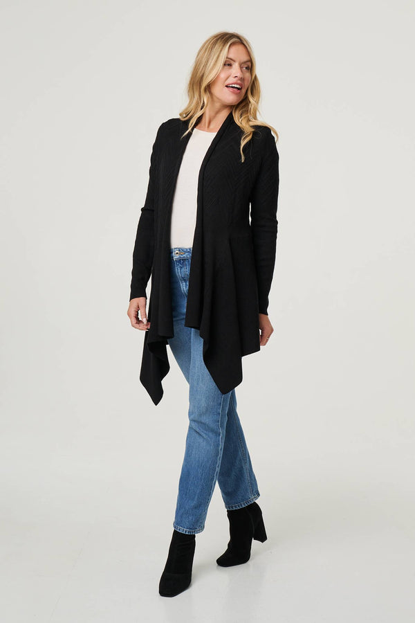 Black | Longline Curve Hem Open Front Cardigan