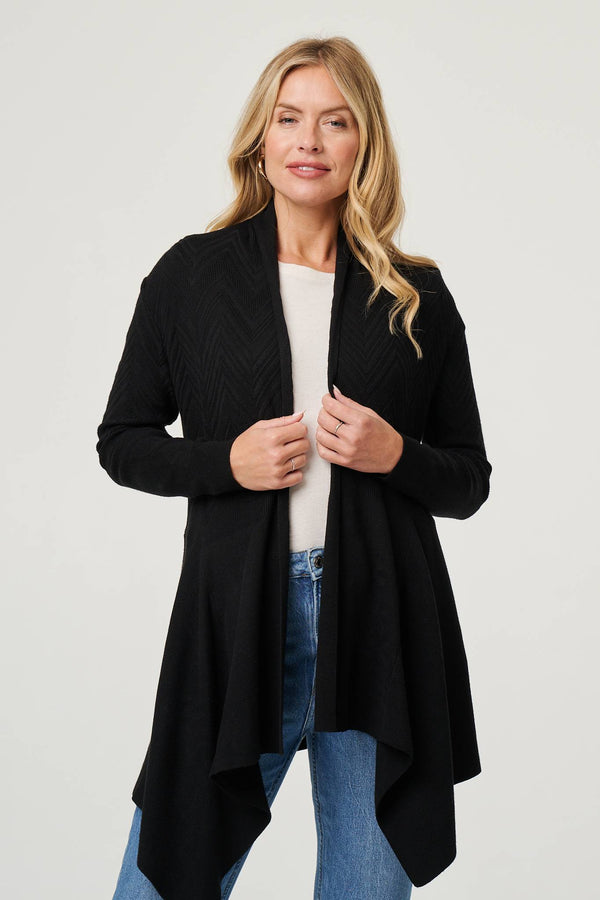 Black | Longline Curve Hem Open Front Cardigan