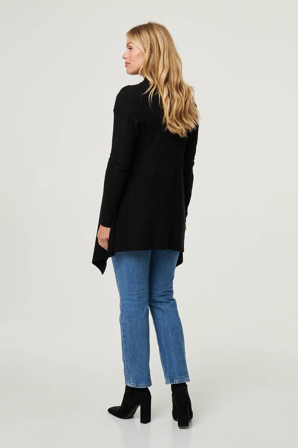Black | Longline Curve Hem Open Front Cardigan