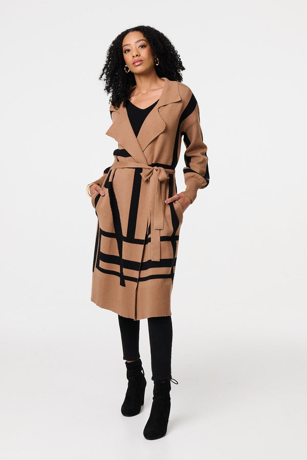 Brown | Striped Print Tie Waist Longline Coat
