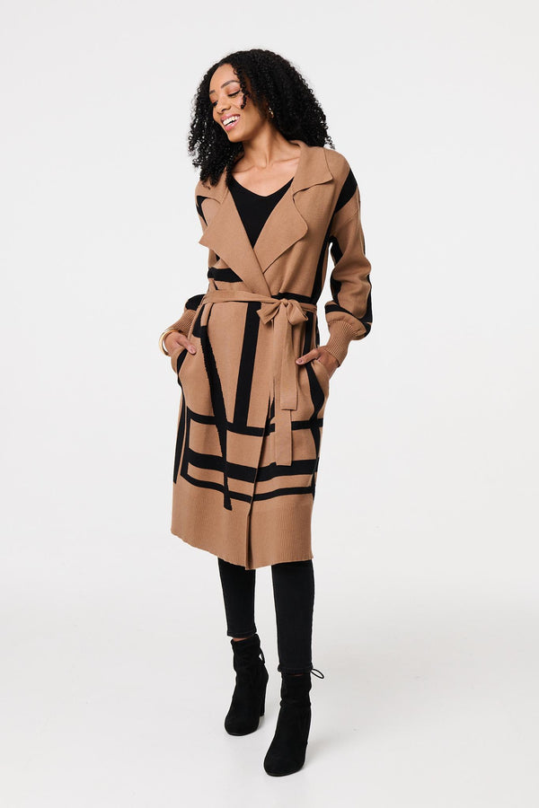 Brown | Striped Print Tie Waist Longline Coat