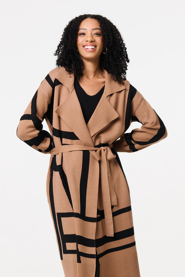 Brown | Striped Print Tie Waist Longline Coat