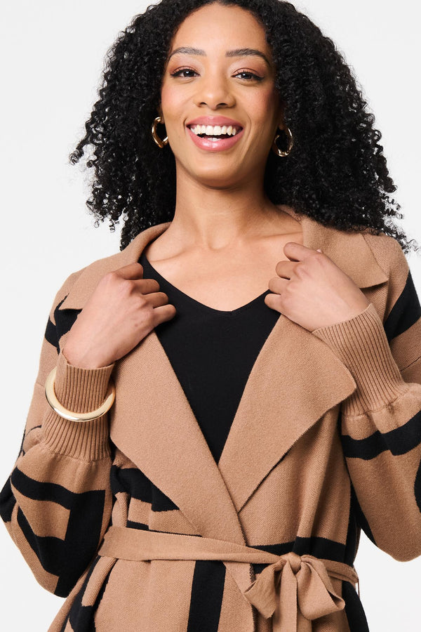 Brown | Striped Print Tie Waist Longline Coat