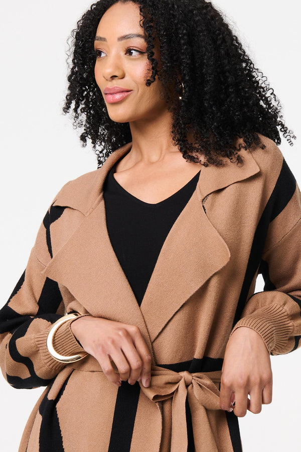 Brown | Striped Print Tie Waist Longline Coat