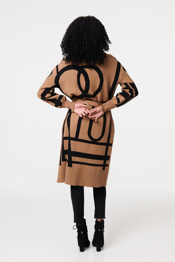 Brown | Striped Print Tie Waist Longline Coat