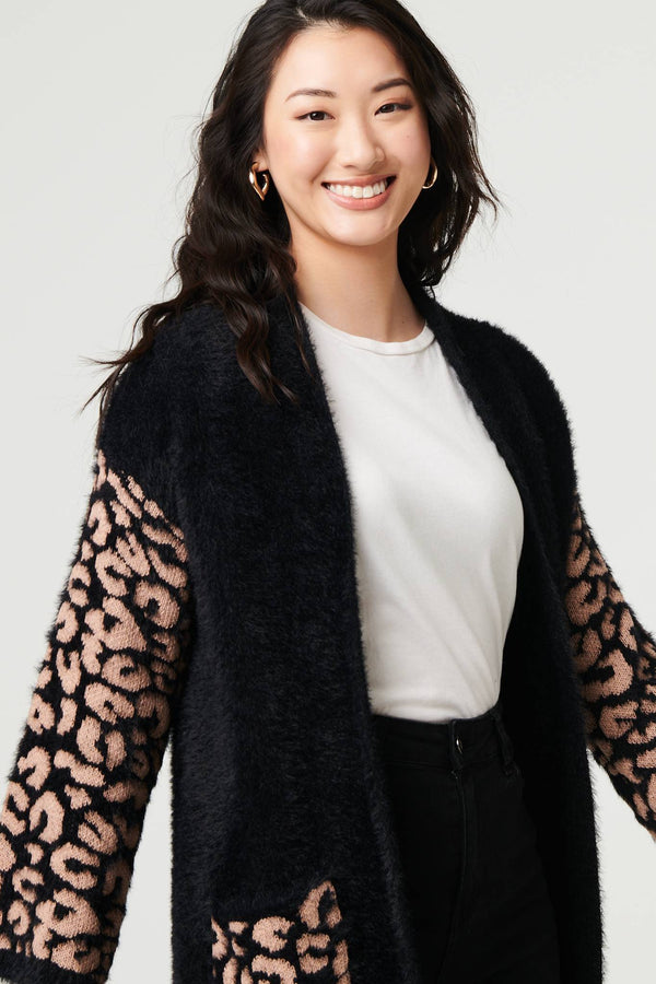 Black | Animal Print Open Longline Cardigan
