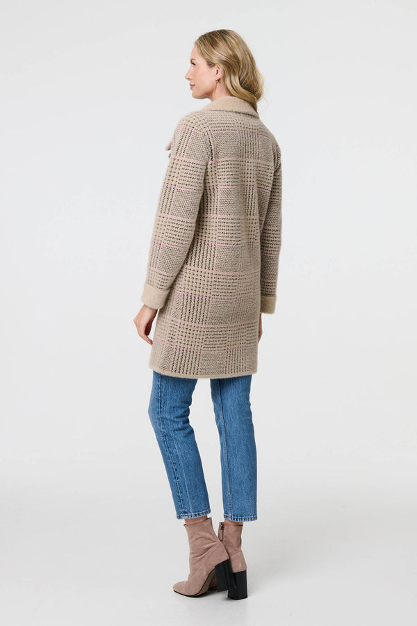 Beige | Checked Button Front Thigh Length Trench Coat
