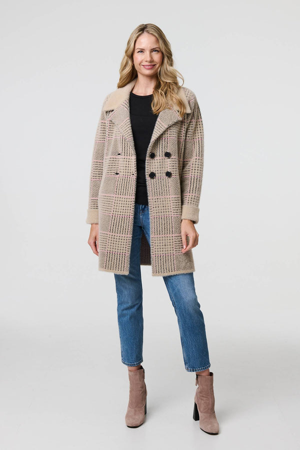 Beige | Checked Button Front Thigh Length Trench Coat