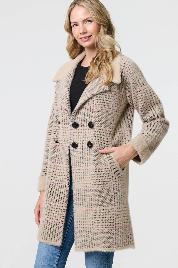 Beige | Checked Button Front Thigh Length Trench Coat