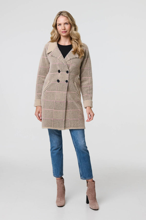 Beige | Checked Button Front Thigh Length Trench Coat