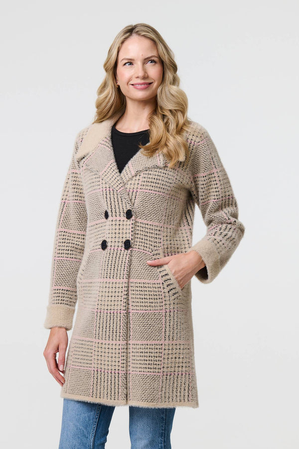 Beige | Checked Button Front Thigh Length Trench Coat