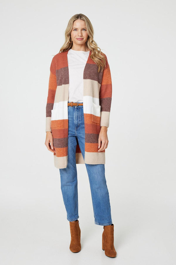 Orange | Striped Longline Pocket Front Cardigan