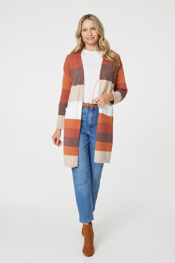 Orange | Striped Longline Pocket Front Cardigan