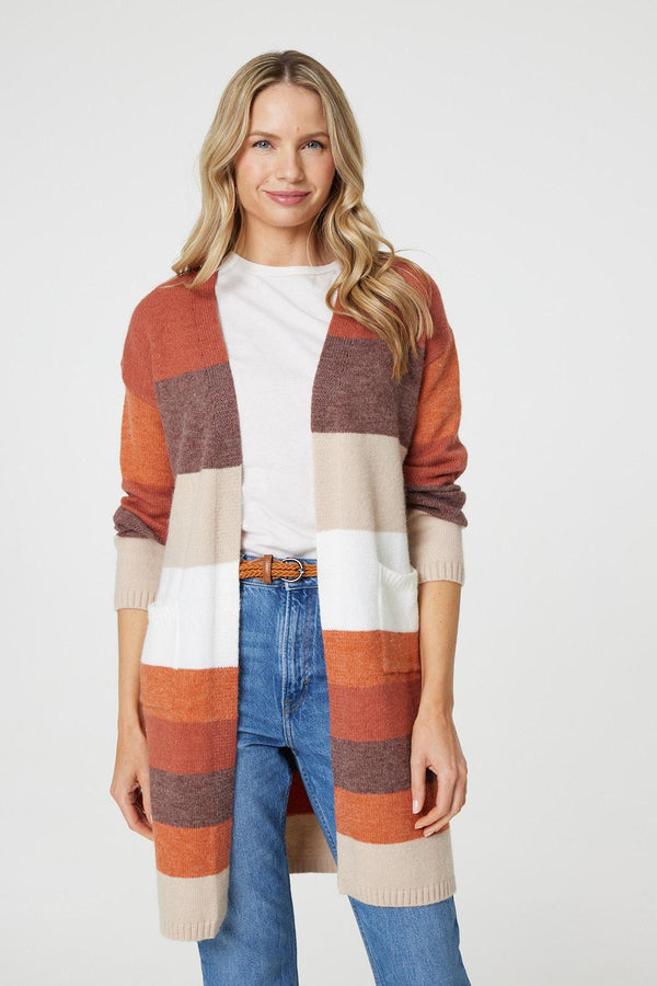 Orange | Striped Longline Pocket Front Cardigan