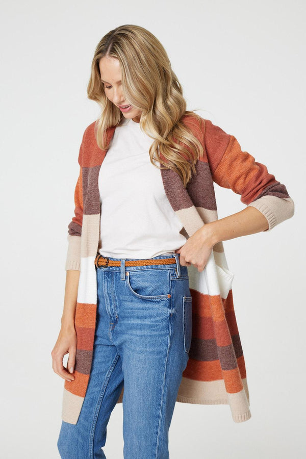 Orange | Striped Longline Pocket Front Cardigan