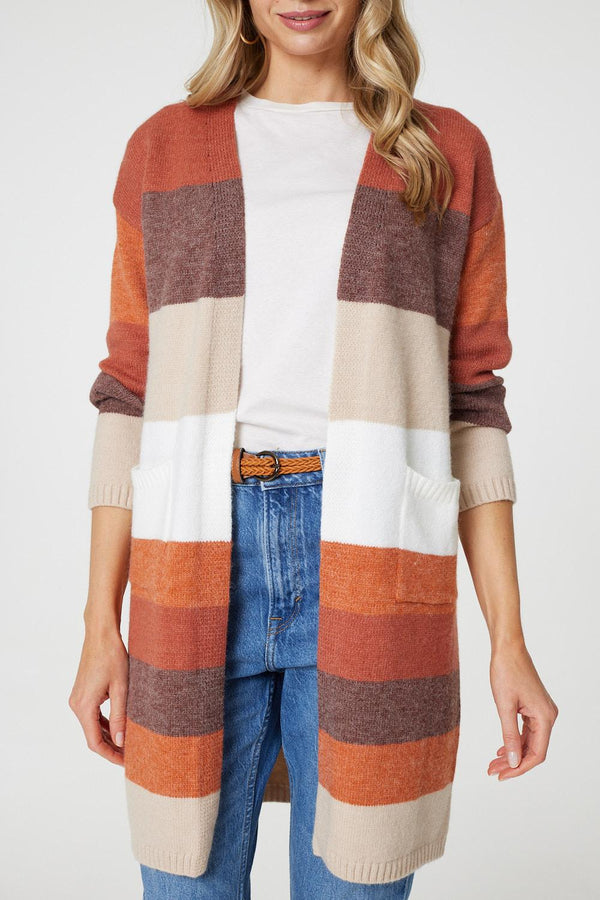 Orange | Striped Longline Pocket Front Cardigan