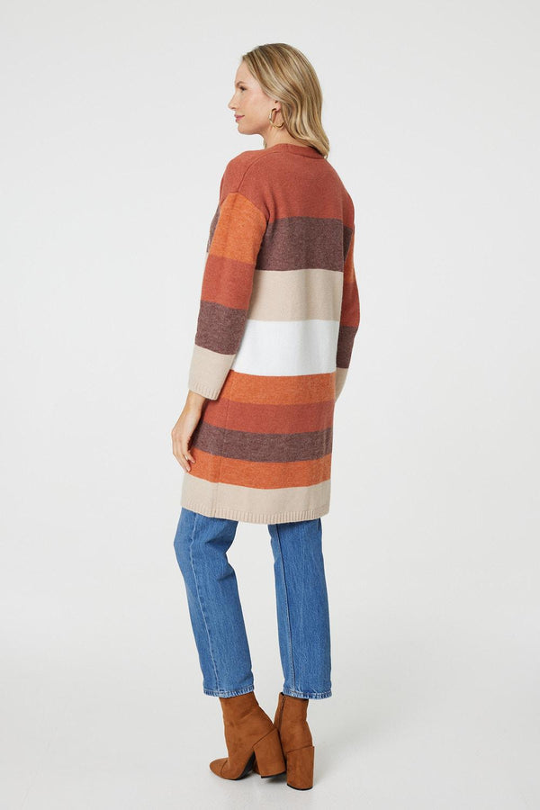 Orange | Striped Longline Pocket Front Cardigan