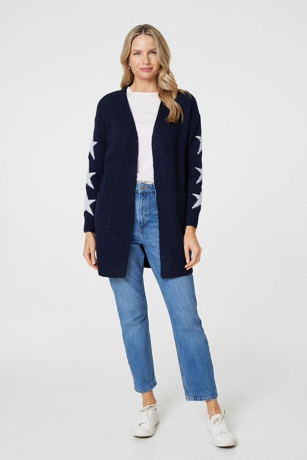 Navy | Star Print Longline Knit Open Cardigan