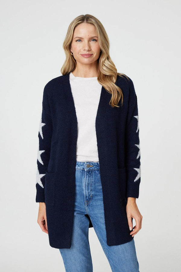 Navy | Star Print Longline Knit Open Cardigan