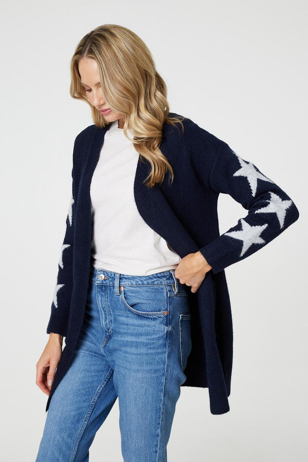 Navy | Star Print Longline Knit Open Cardigan