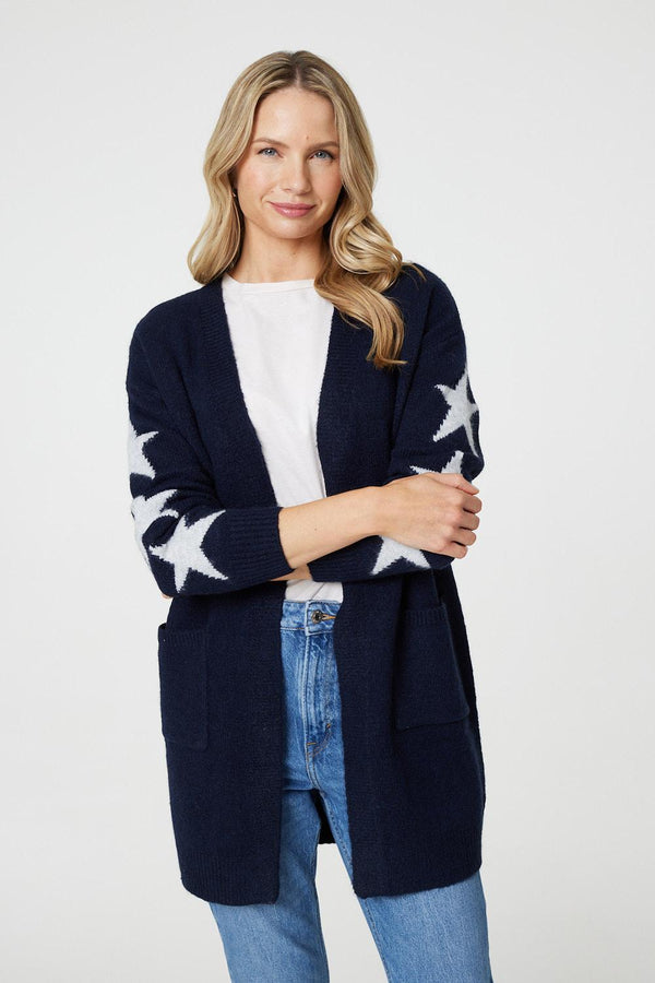 Navy | Star Print Longline Knit Open Cardigan