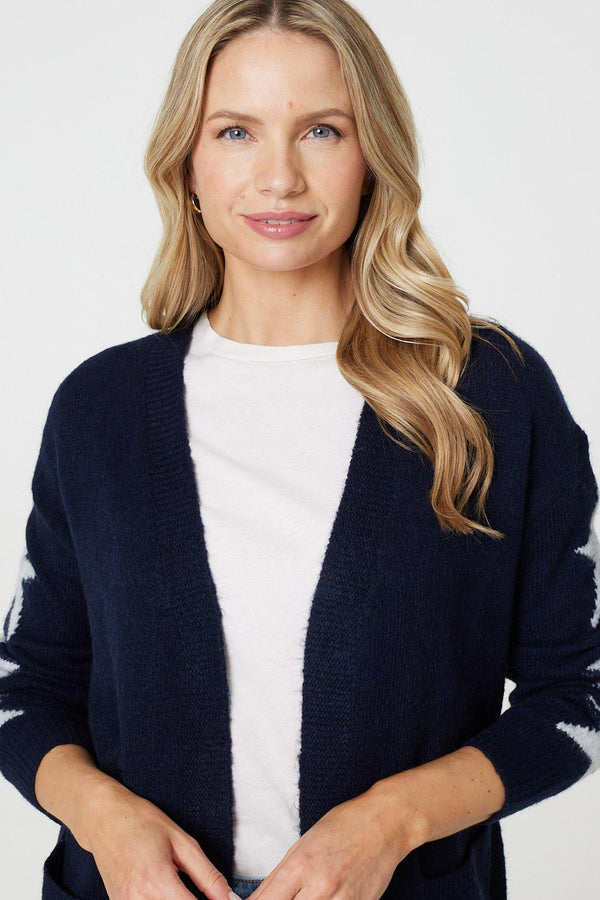 Navy | Star Print Longline Knit Open Cardigan