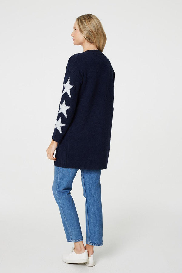 Navy | Star Print Longline Knit Open Cardigan