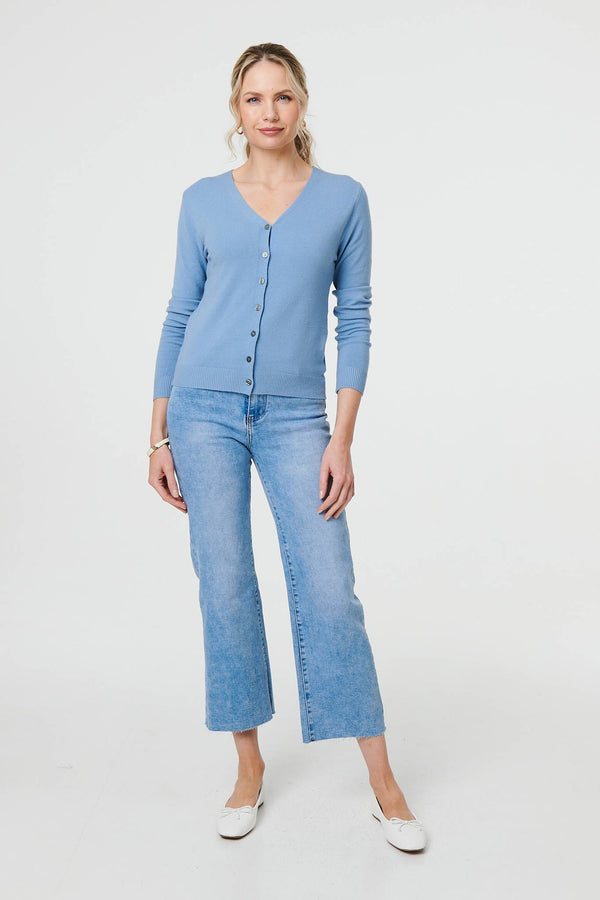 Blue | Cropped Button-Up Slim Knit Cardigan