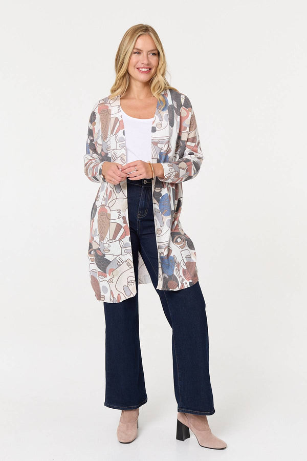 White | Abstract Open Front Longline Cardigan