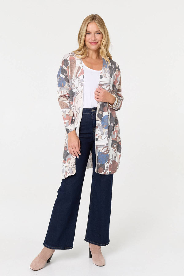 White | Abstract Open Front Longline Cardigan