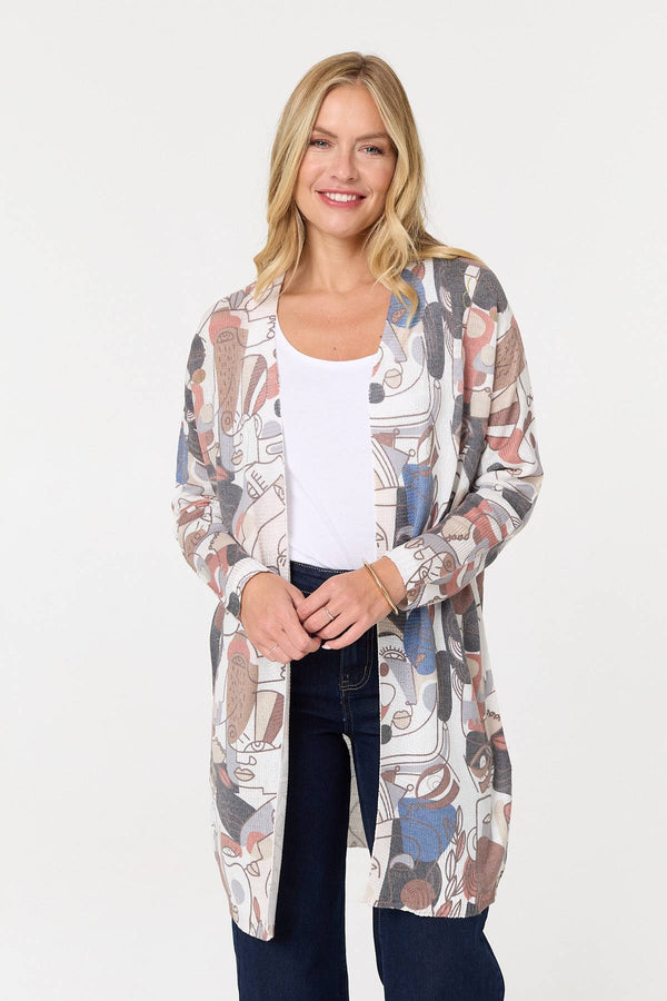 White | Abstract Open Front Longline Cardigan