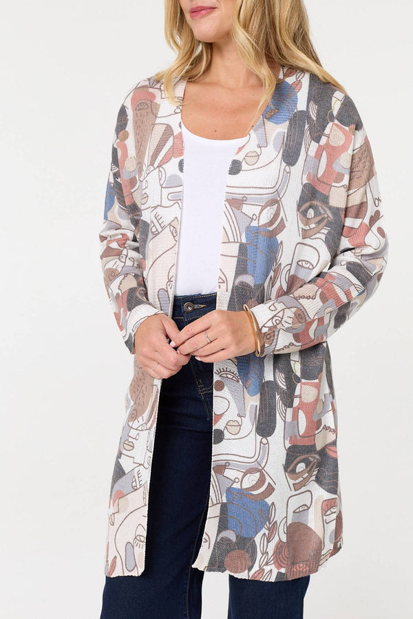White | Abstract Open Front Longline Cardigan