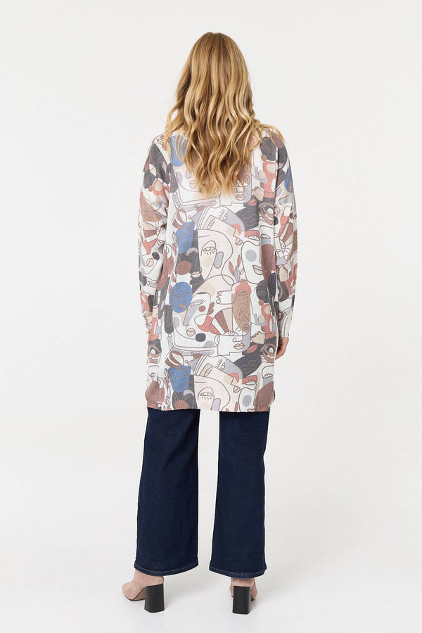 White | Abstract Open Front Longline Cardigan
