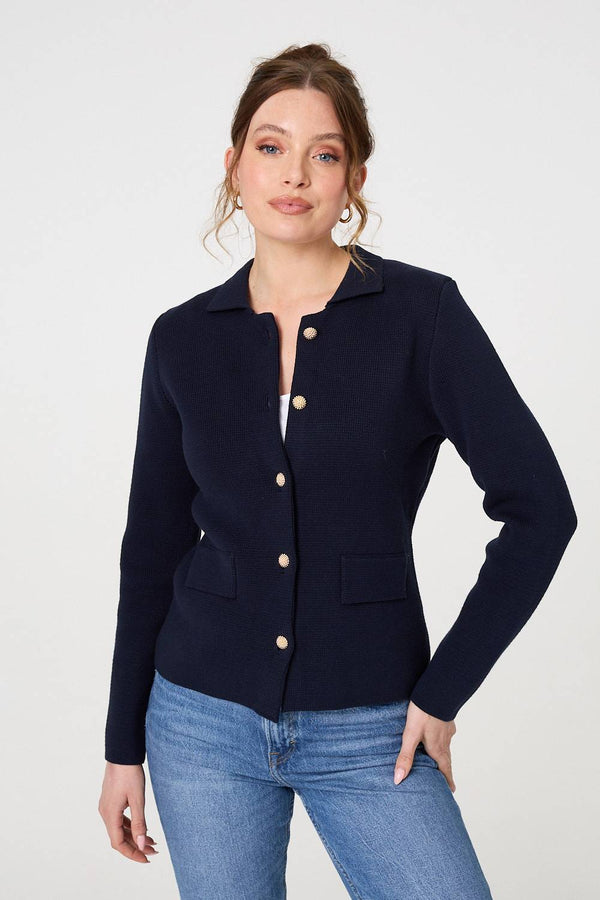 Navy | Textured Button Front Collared Jacket